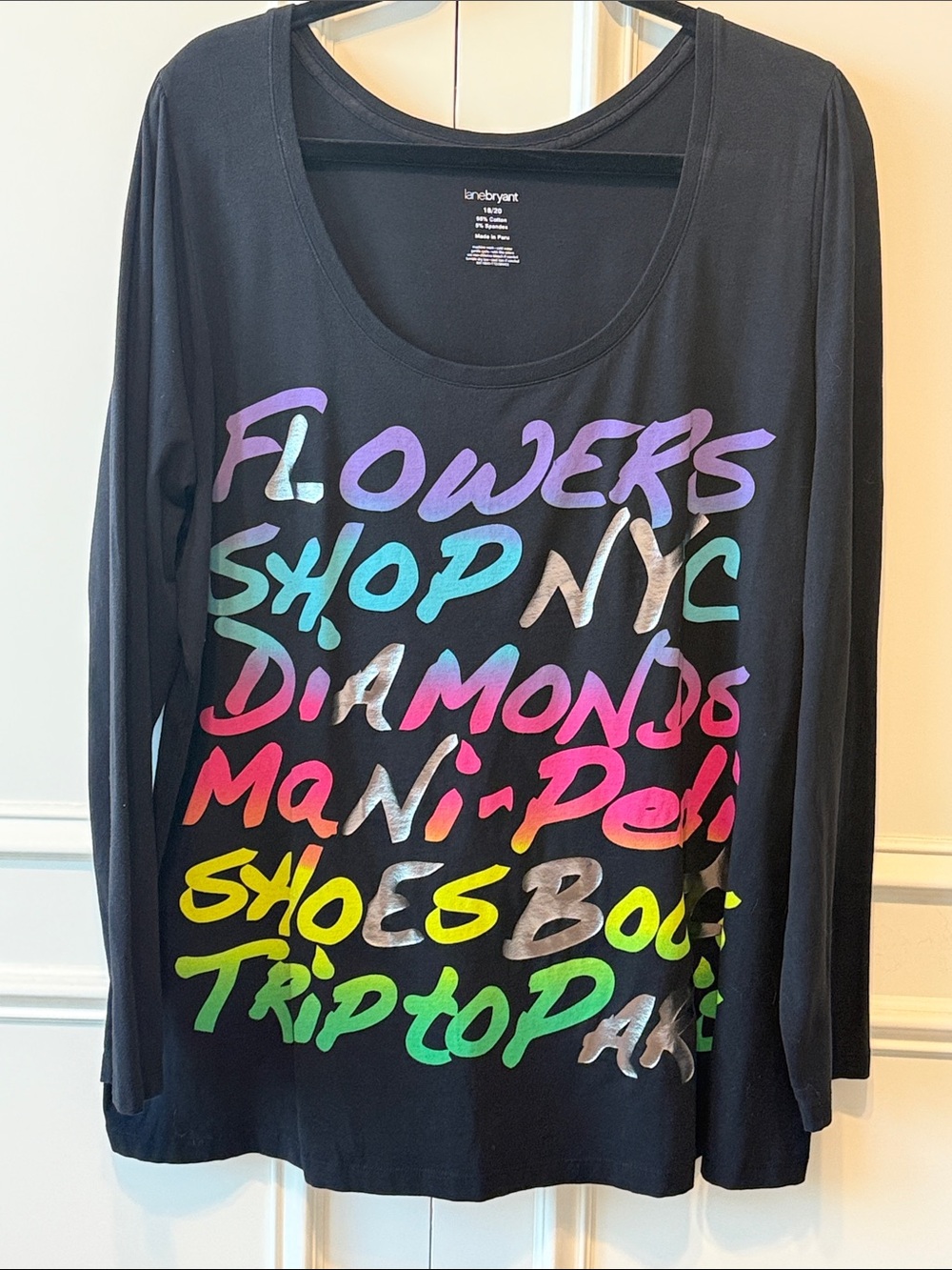 Lane Bryant Black Long Sleeve Graphic Scoop Neck Top - Multicolor Script